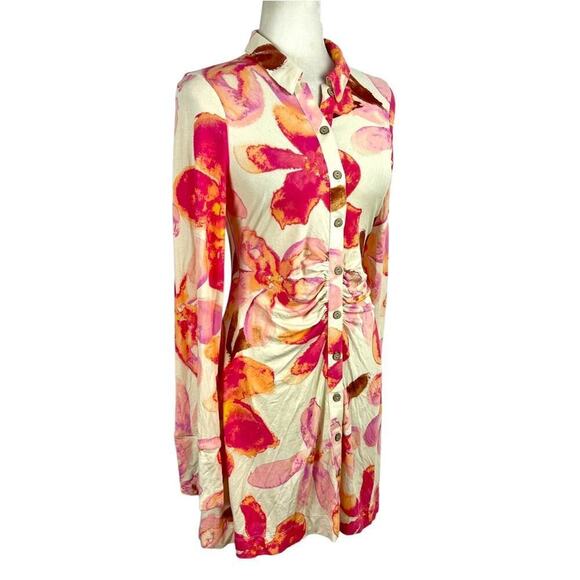 Free People Shayla Cream Floral Print Button Front Mini Dress Size Medium - Picture 10 of 15